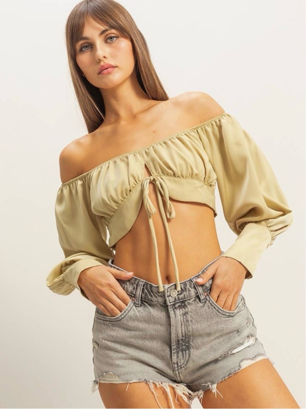HYFVE Light Olive Satin Off Shoulder Tie Front Crop Top Romantic Boho Blouse NWT